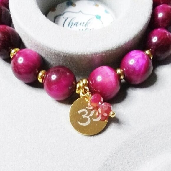 Upscale! Exclusive! Magenta & Hot Pink TigersEye w. Gold Om Aum Bracelet 6-6.5" - Picture 7 of 10